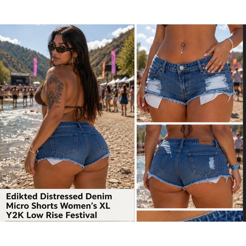 Edikted Distressed Denim Micro Shorts Women’s XL Y2K Low Rise Festival